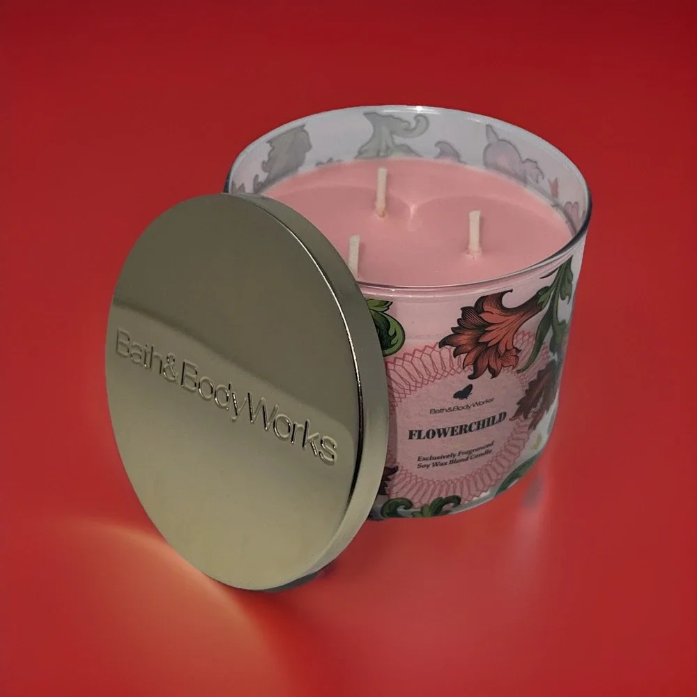 Bath & Body Works Flowerchild‎ 3 Wick Candle 14.5 Oz Large Floral Gold Butterfly